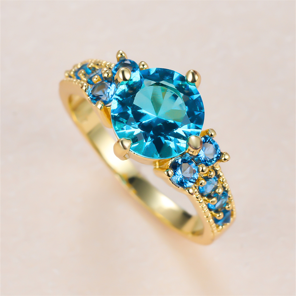 Aqua Blue Crystal Round Stone  - Birthstone Ring Set ulasan dan harga