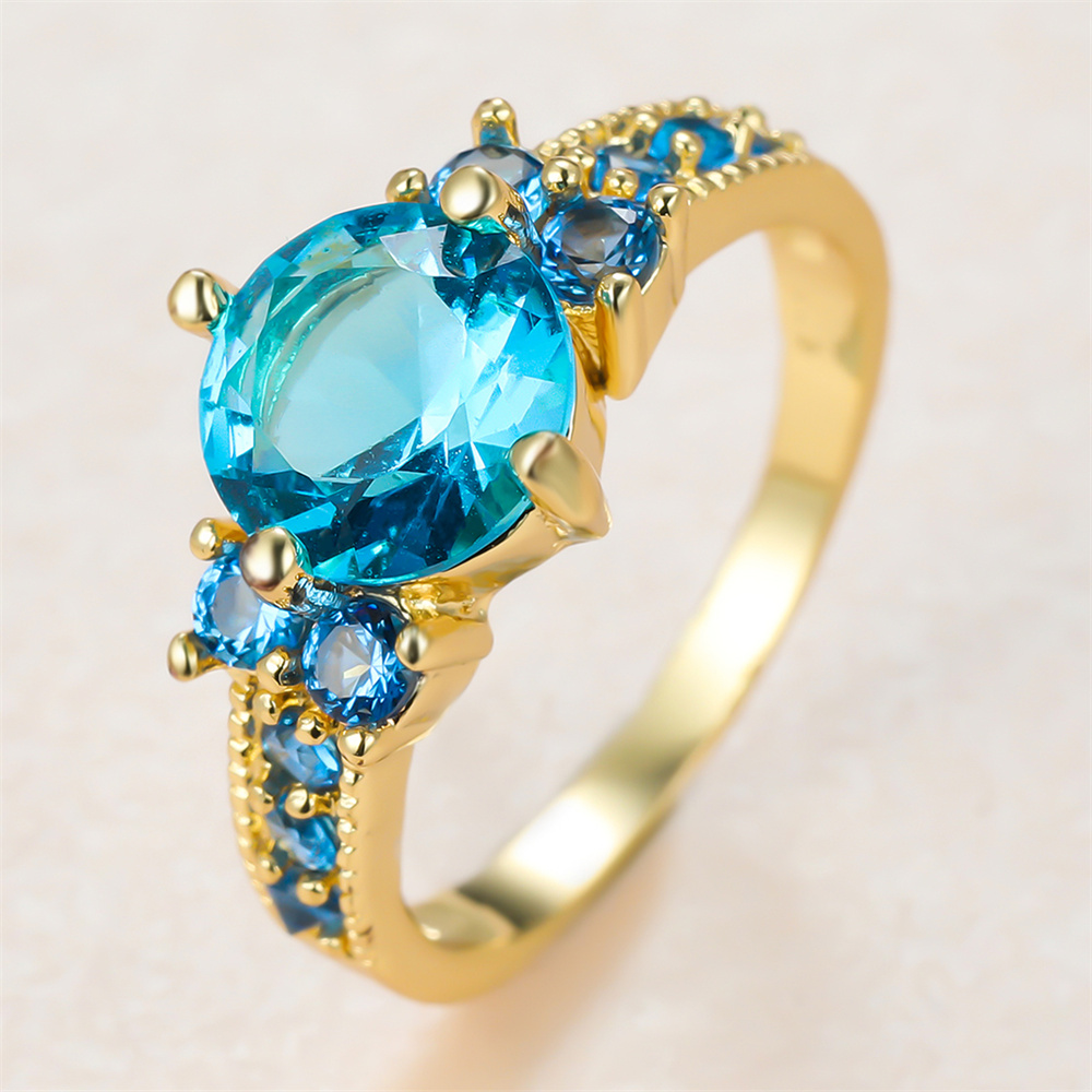 Aqua Blue Crystal Round Stone  - Birthstone Ring Set ulasan dan harga