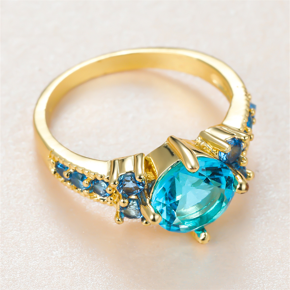 Aqua Blue Crystal Round Stone  - Birthstone Ring Set ulasan dan harga